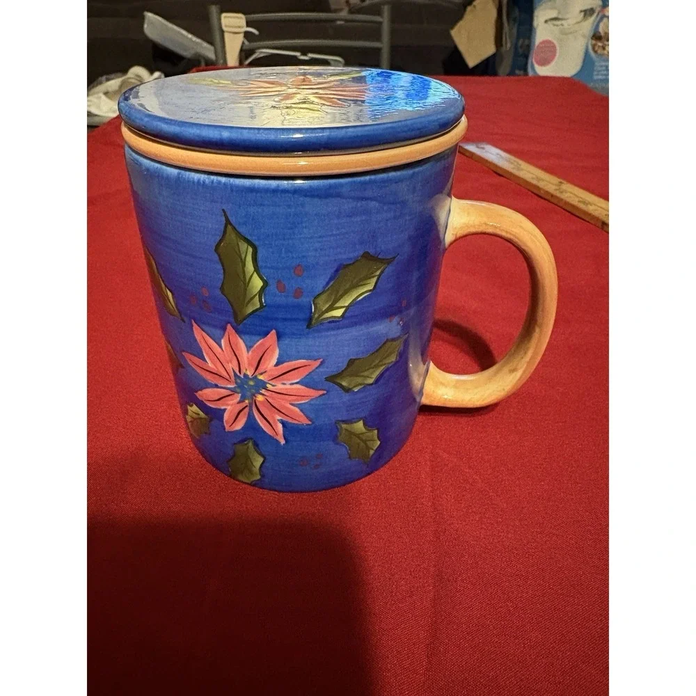 Barnes & Noble Poinsettia Tea Infuser Mug 3pc Set Cup Lid NWOB Christmas Blue