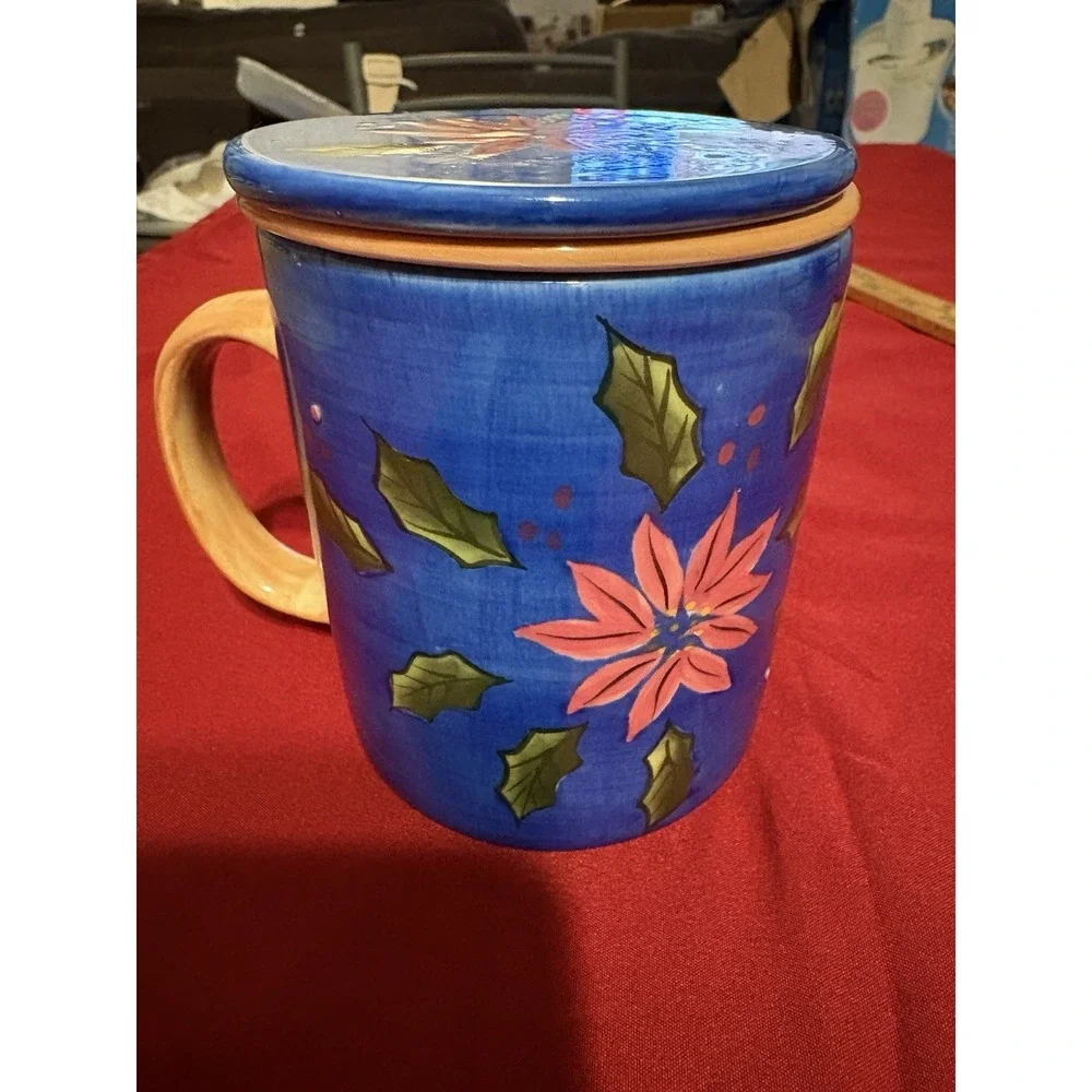 Barnes & Noble Poinsettia Tea Infuser Mug 3pc Set Cup Lid NWOB Christmas Blue