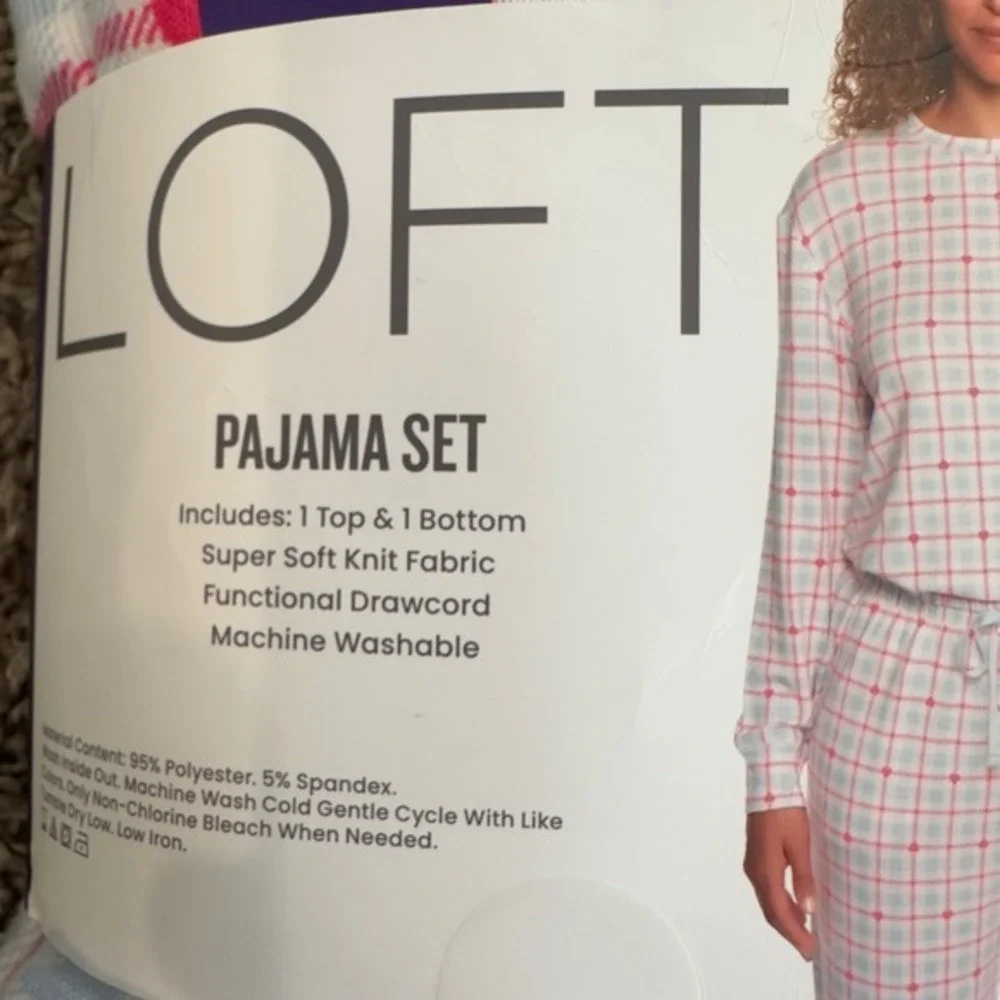 LOFT Sleep Womens XXL Pajama Set Blue Pink Plaid Heart Print 2pc Super Soft Knit