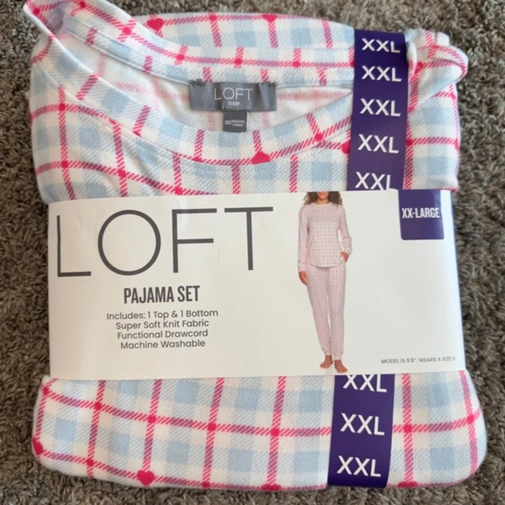 LOFT Sleep Womens XXL Pajama Set Blue Pink Plaid Heart Print 2pc Super Soft Knit
