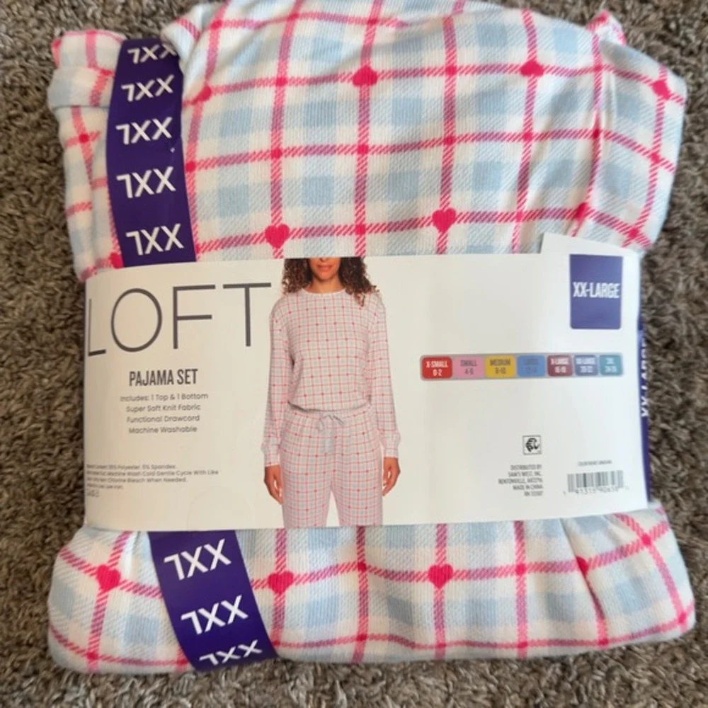 LOFT Sleep Womens XXL Pajama Set Blue Pink Plaid Heart Print 2pc Super Soft Knit