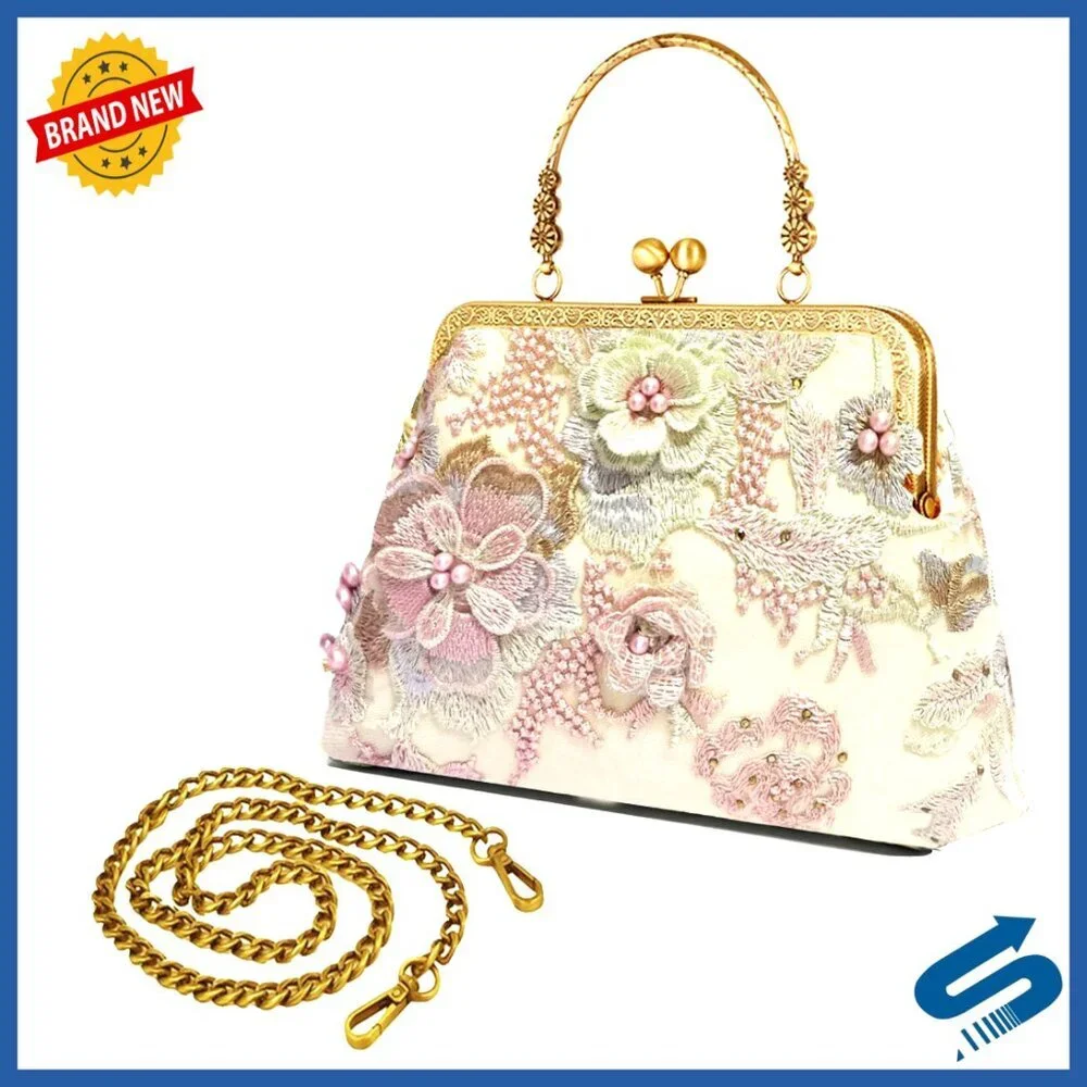 Vintage Kiss Lock Evening Bag Floral Canvas Crossbody Clutch Retro Chic