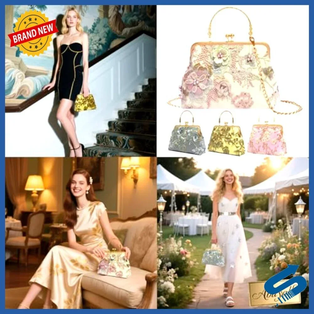 Vintage Kiss Lock Evening Bag Floral Canvas Crossbody Clutch Retro Chic