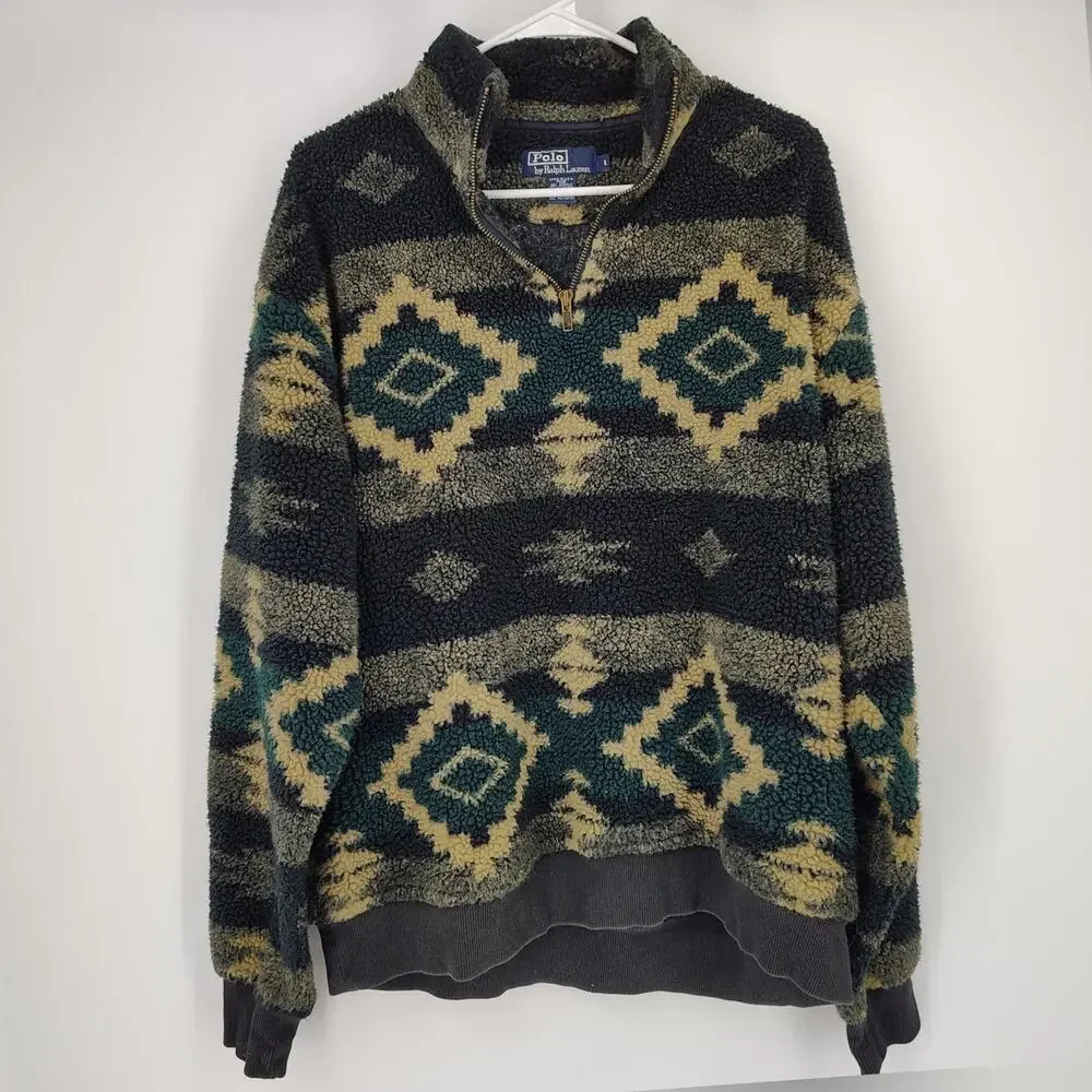 Vintage Polo Ralph Lauren Sweater Aztec Southwestern Sherpa Fleece Pullover L