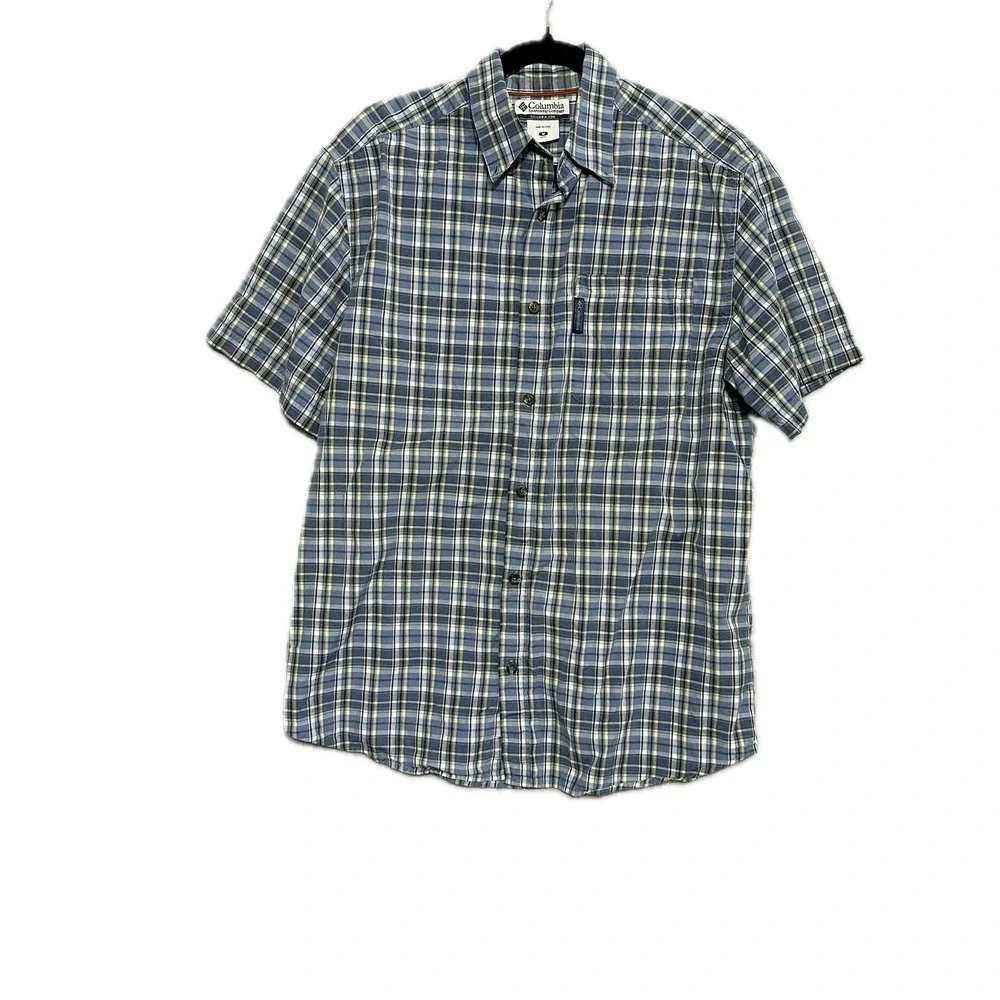 Columbia Mens Short Sleeve Button Down Plaid Shirt Blue Grey Yellow Size‎ Medium