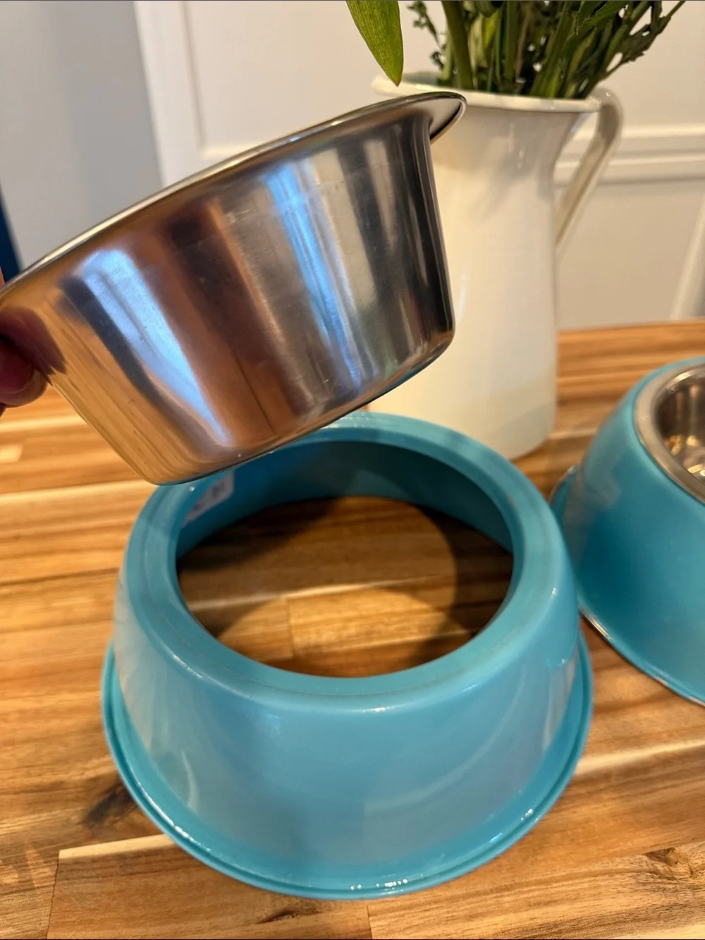 Teal Metal Dog Bowls with Stainless Steel inserts. Pet Bowls Set of 2 stackable
