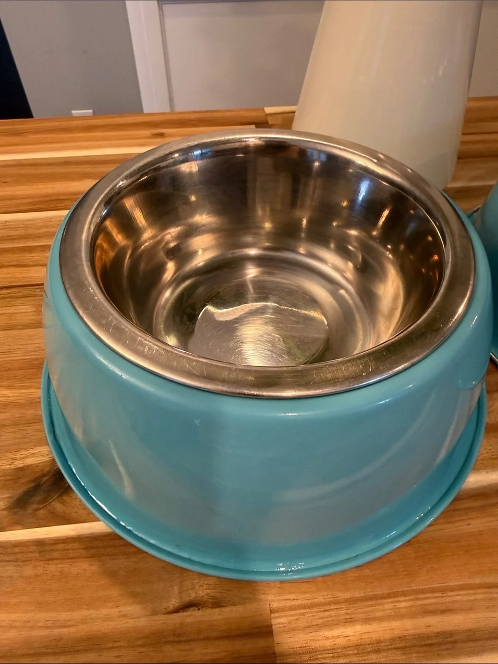 Teal Metal Dog Bowls with Stainless Steel inserts. Pet Bowls Set of 2 stackable