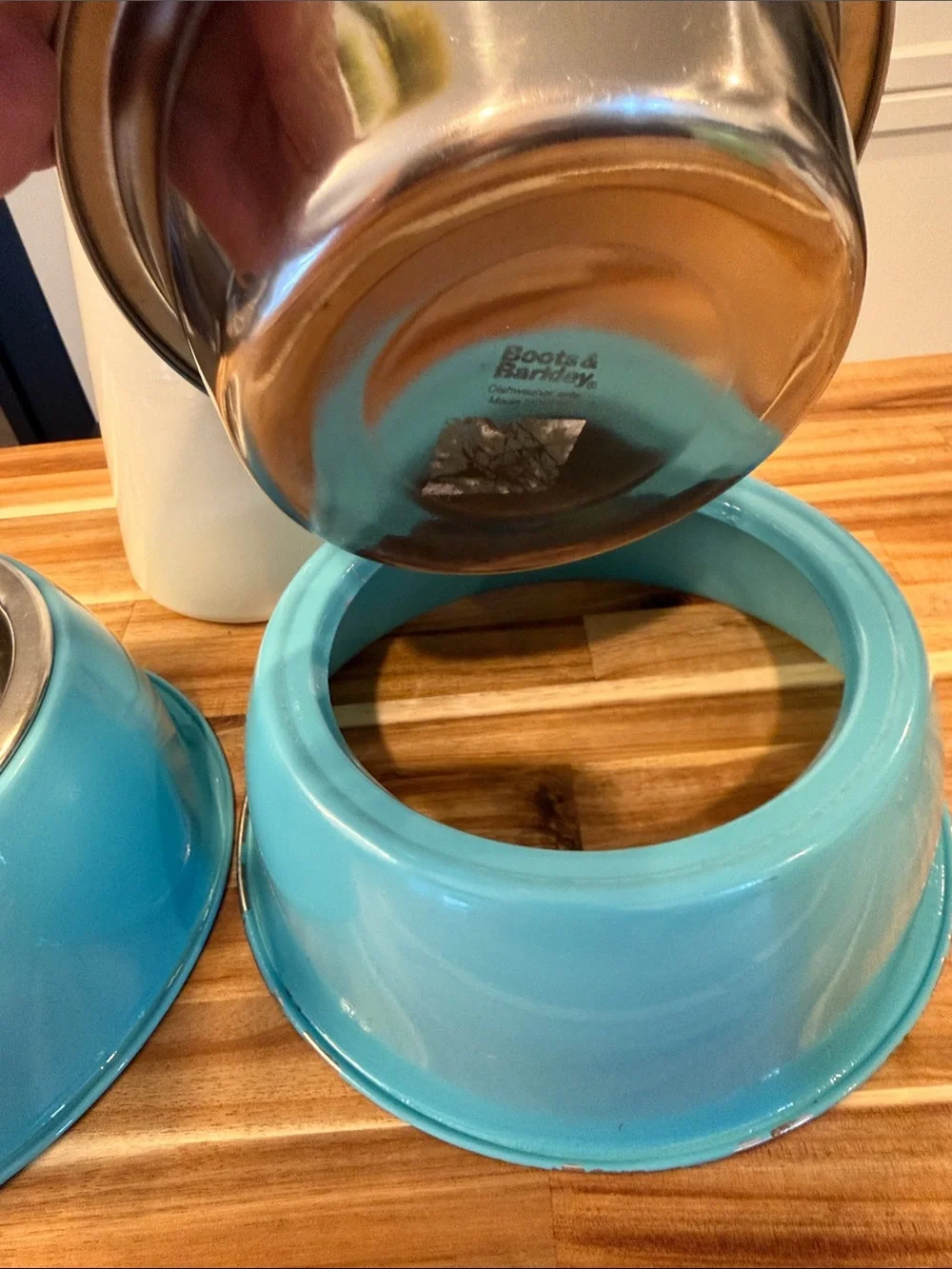 Teal Metal Dog Bowls with Stainless Steel inserts. Pet Bowls Set of 2 stackable