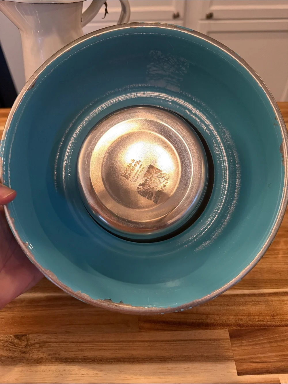 Teal Metal Dog Bowls with Stainless Steel inserts. Pet Bowls Set of 2 stackable