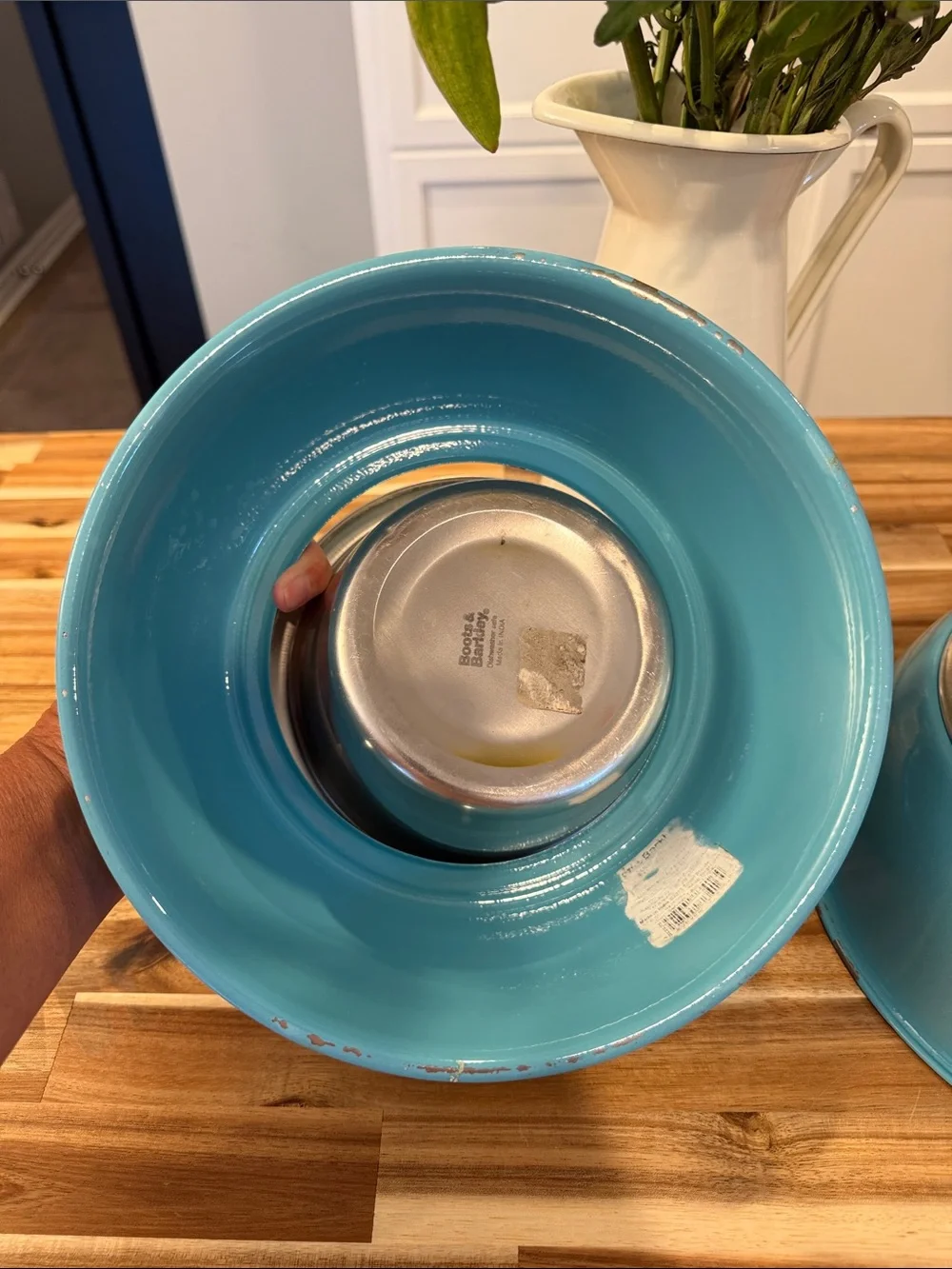 Teal Metal Dog Bowls with Stainless Steel inserts. Pet Bowls Set of 2 stackable