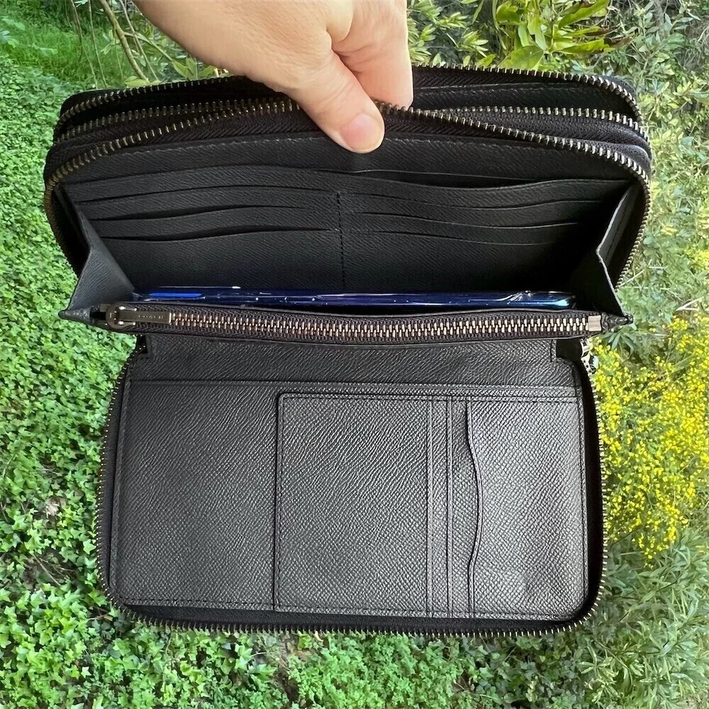 COACH Double Zip-Around Travel & Phone Wallet BLUE Leather w Gunmetal Hardware