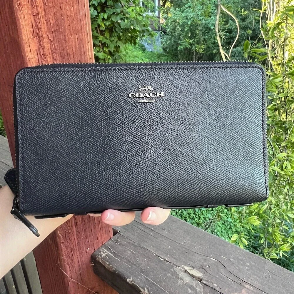COACH Double Zip-Around Travel & Phone Wallet BLUE Leather w Gunmetal Hardware