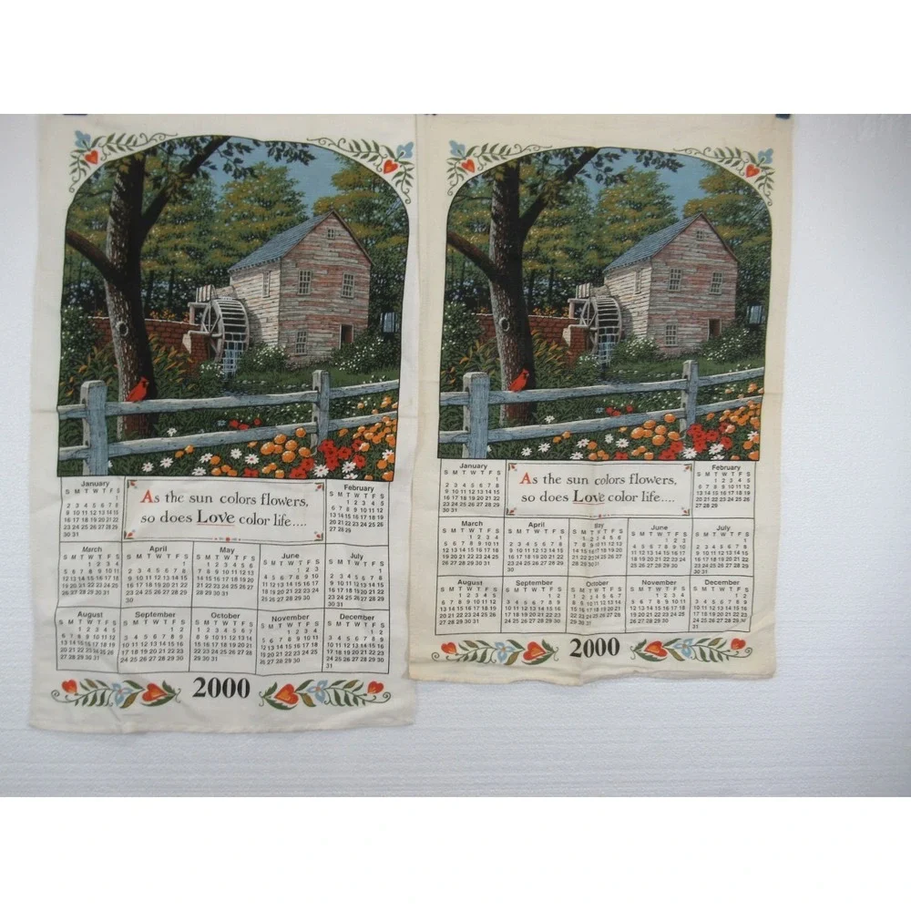 Vintage Y2K 2000 Calendar Mill Print Tea Towel Lot Cotton