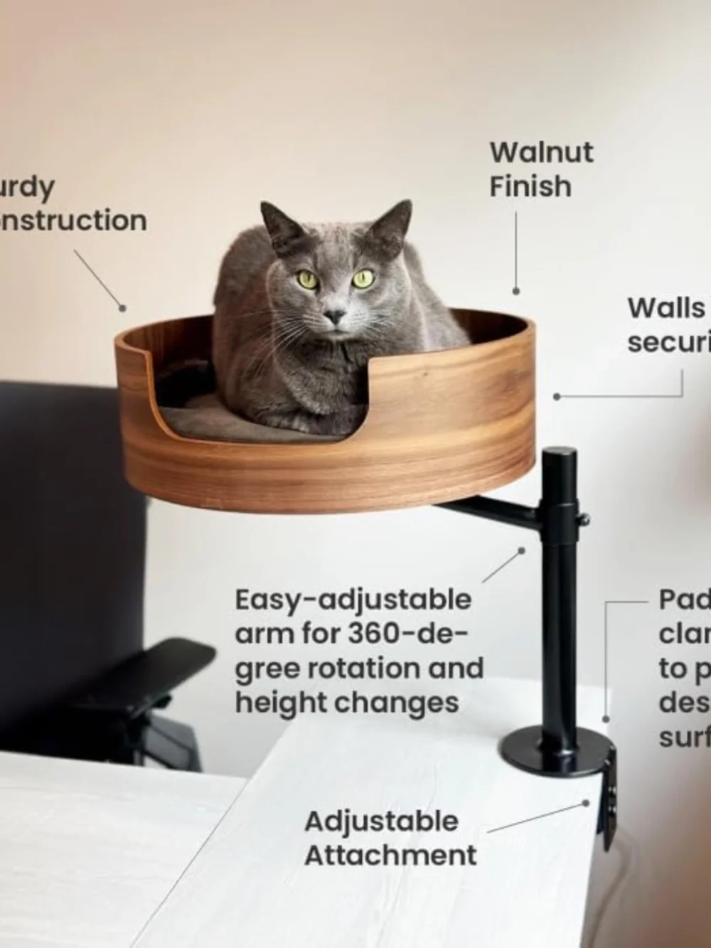 The Original Desk Mounted Cat Bed Attachment – Walnut Wood & White oak