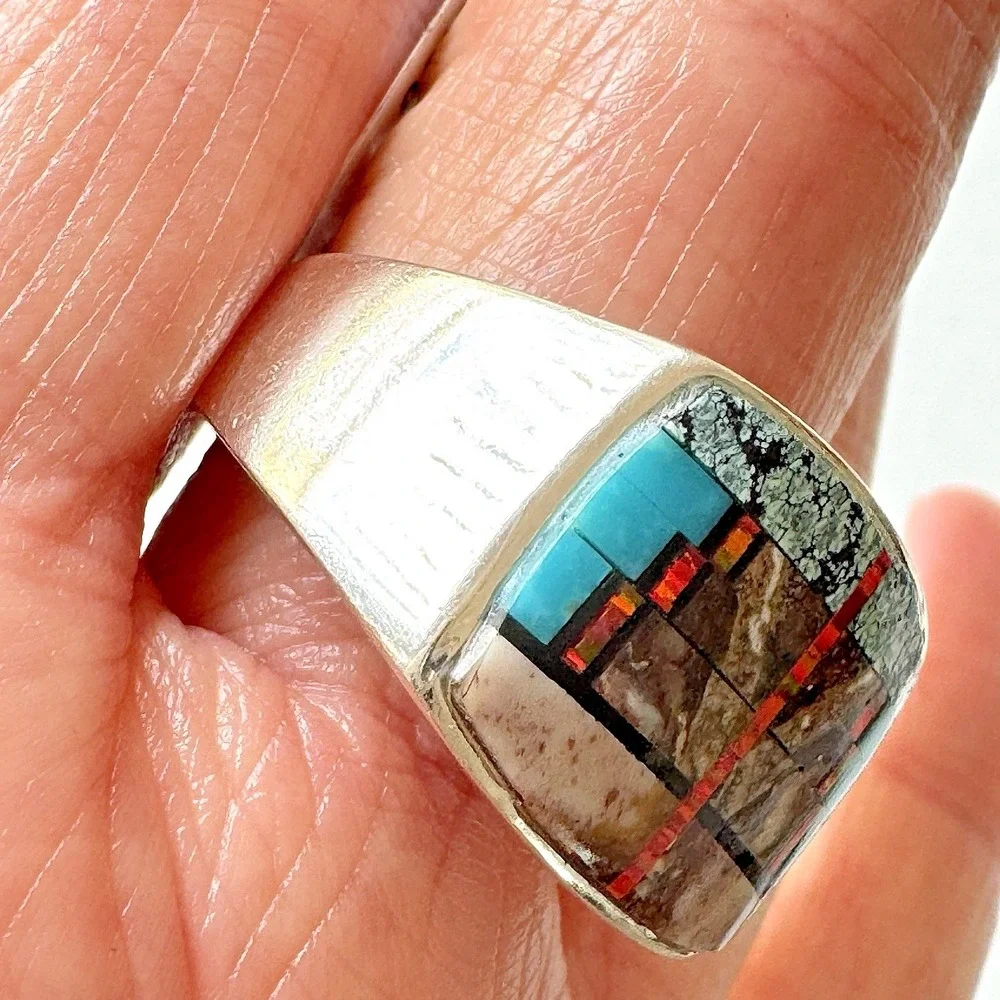 Navajo Mens Inlay Ring Turquoise Inlay Sz 12 Band 15mm Signed Tsosie Native Amer