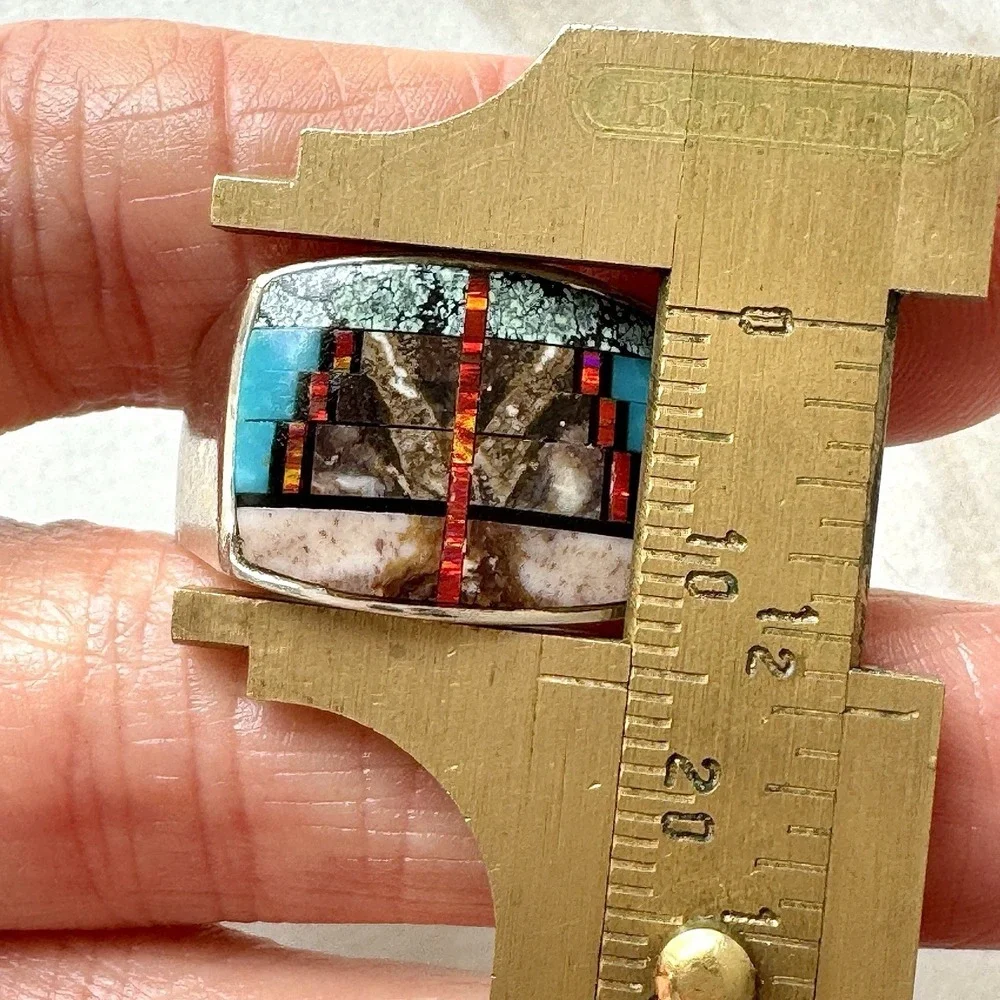 Navajo Mens Inlay Ring Turquoise Inlay Sz 12 Band 15mm Signed Tsosie Native Amer