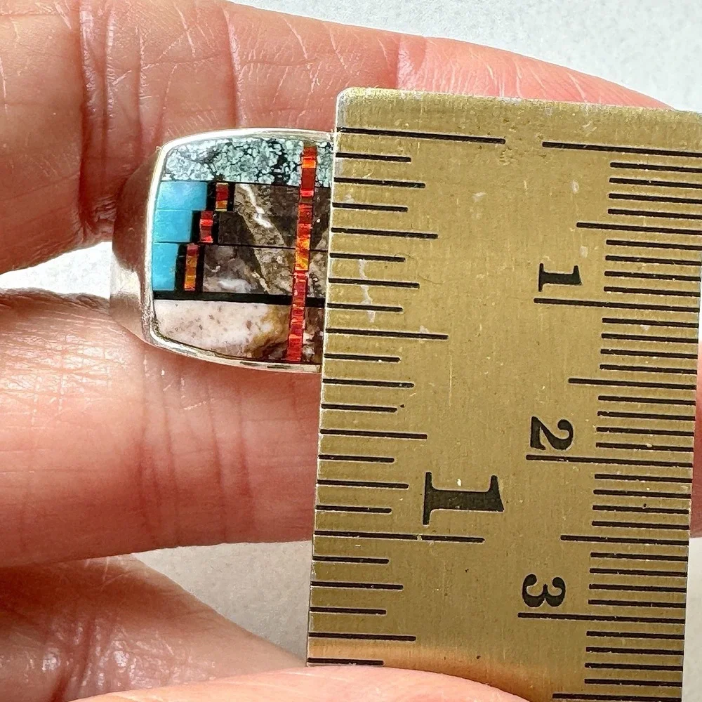 Navajo Mens Inlay Ring Turquoise Inlay Sz 12 Band 15mm Signed Tsosie Native Amer