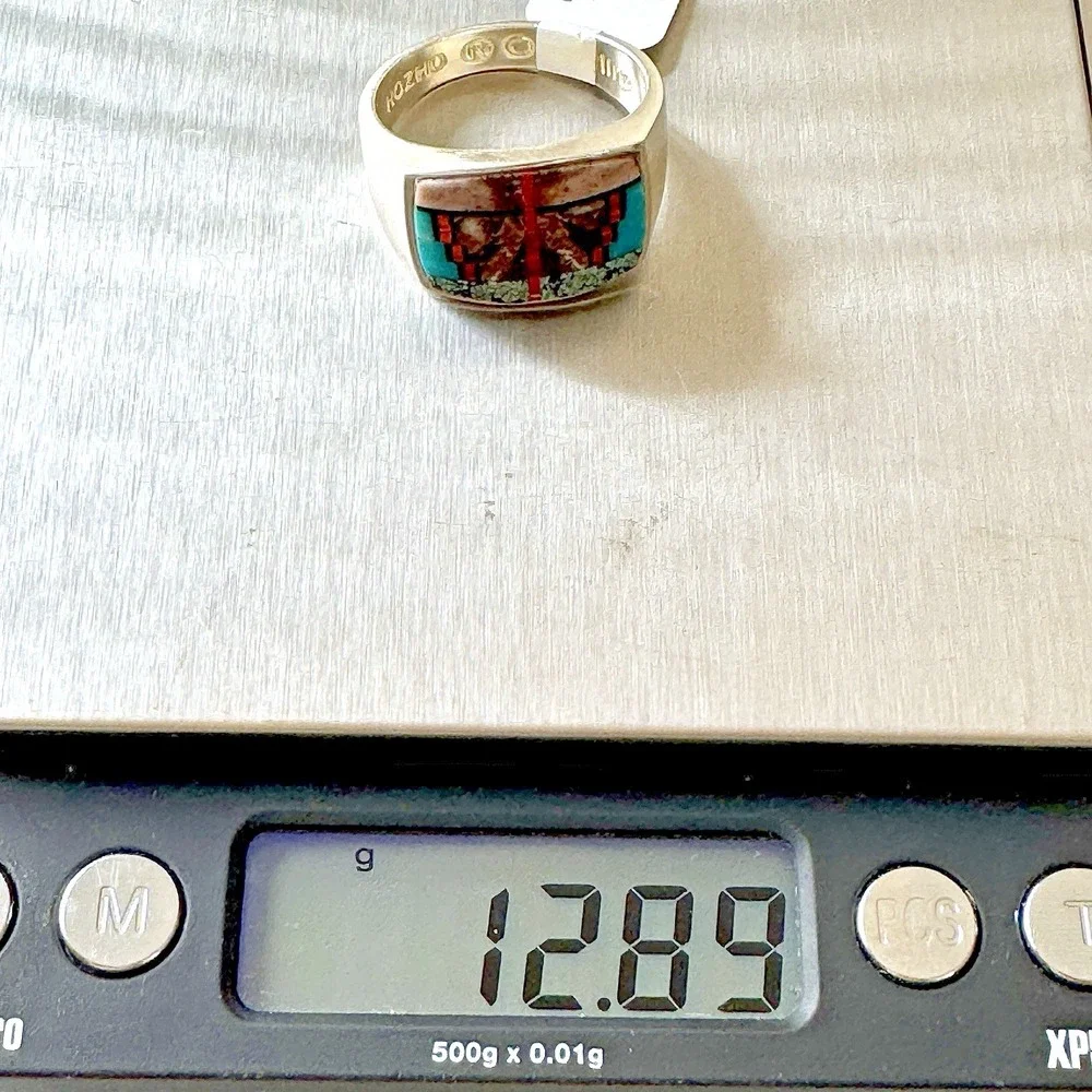 Navajo Mens Inlay Ring Turquoise Inlay Sz 12 Band 15mm Signed Tsosie Native Amer