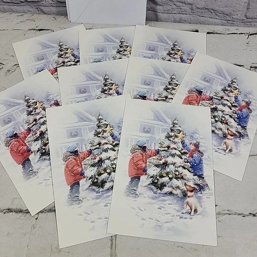 Vintage American Greetings Christmas Cards Lot Of 9 Children Decorating Tree