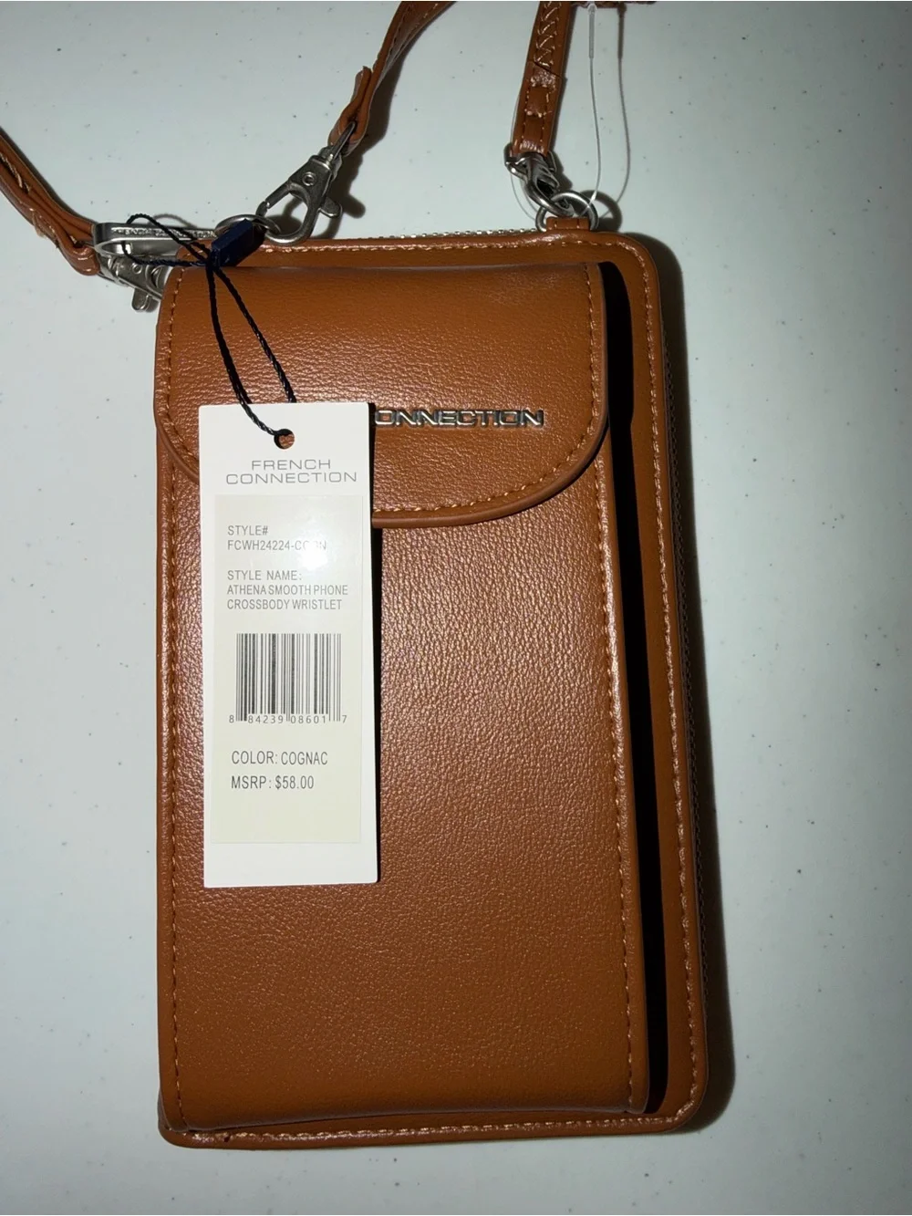 French Connection Athena Smooth Phone Crossbody Wristlet  Cognac