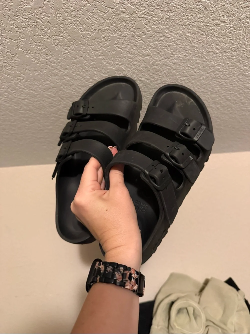 Papillio Black Triple-Buckle Platform Slide Sandal