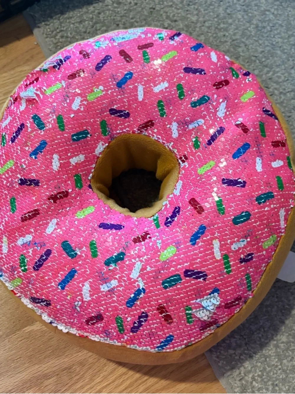 Sequin Pink Donut Throw Pillow with Colorful Sprinkles