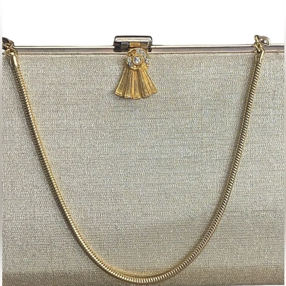 Vintage Gold Metallic Evening Clutch with Tassel & Rhinestone