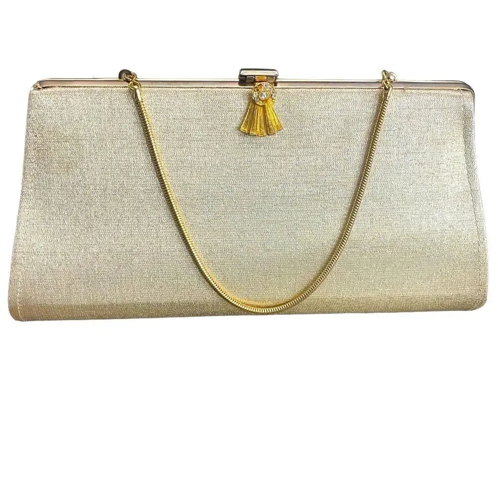Vintage Gold Metallic Evening Clutch with Tassel & Rhinestone