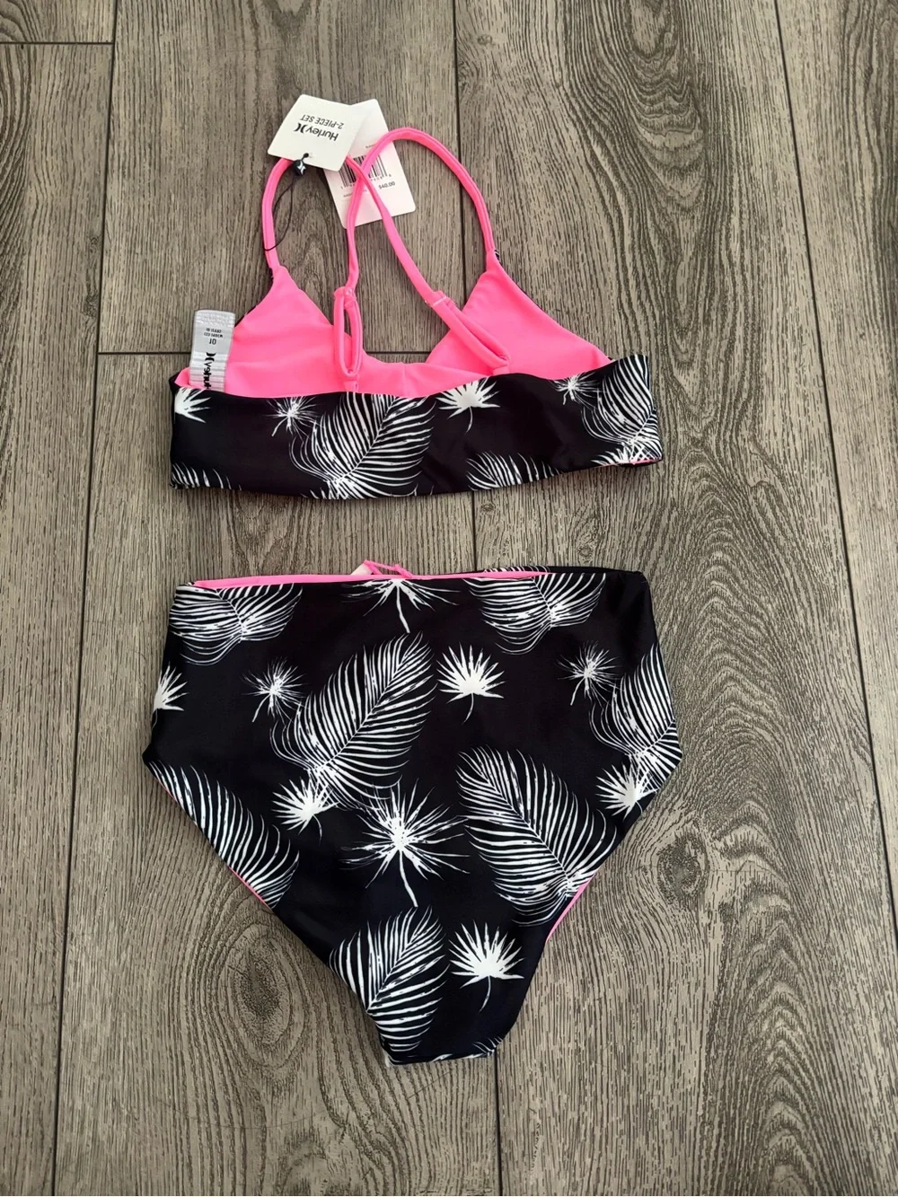 Hurley Black & Hot Pink Palm-Print Girls' Two-Piece Swim Set