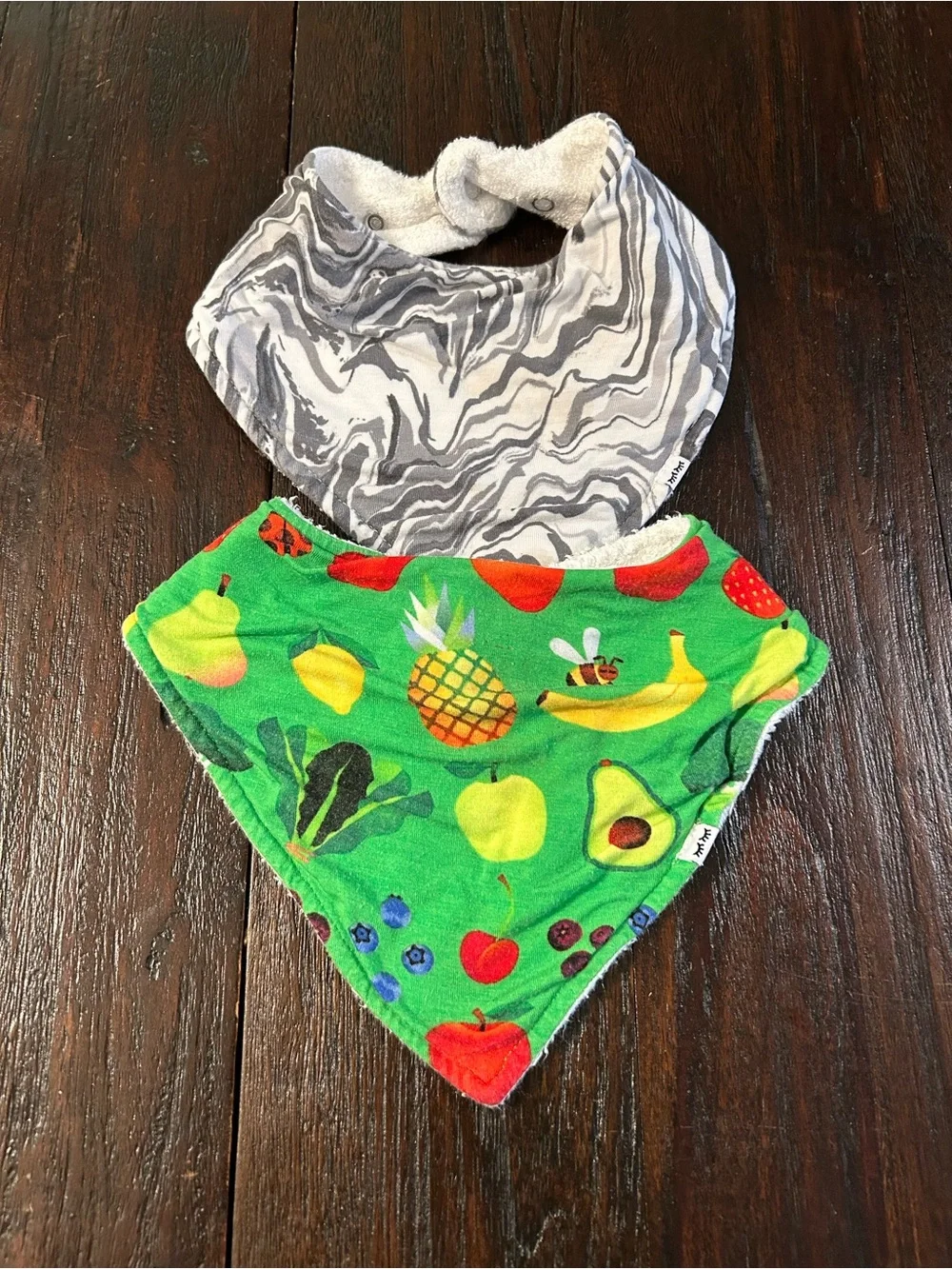 Little Sleepies Bandana Bibs - Gray Marble & Green Fruit Prints