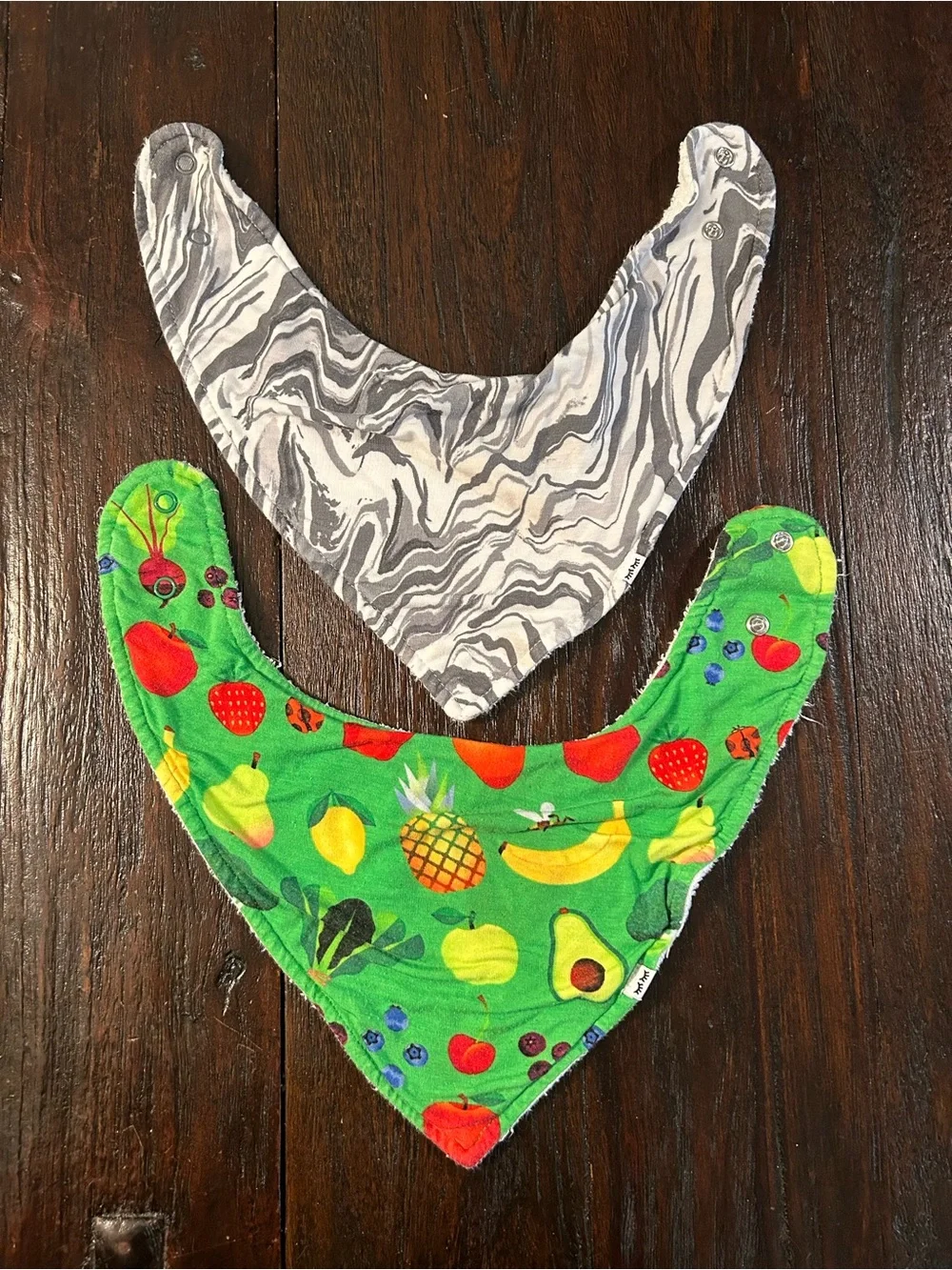Little Sleepies Bandana Bibs - Gray Marble & Green Fruit Prints