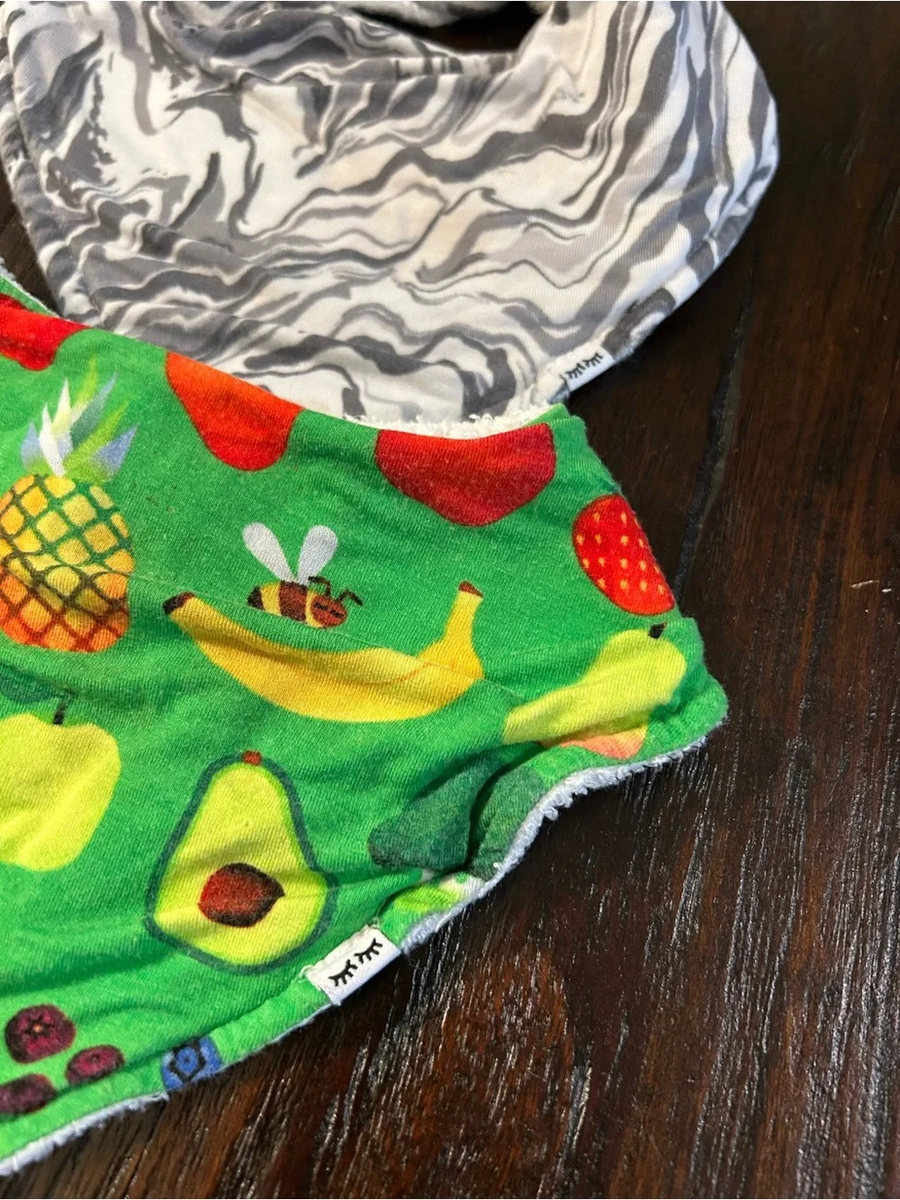 Little Sleepies Bandana Bibs - Gray Marble & Green Fruit Prints