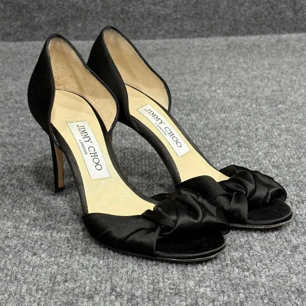 Jimmy Choo Shoes Womens 5.5 35.5 Black Satin D'Orsay Knotted Bow Heels Kitty 85