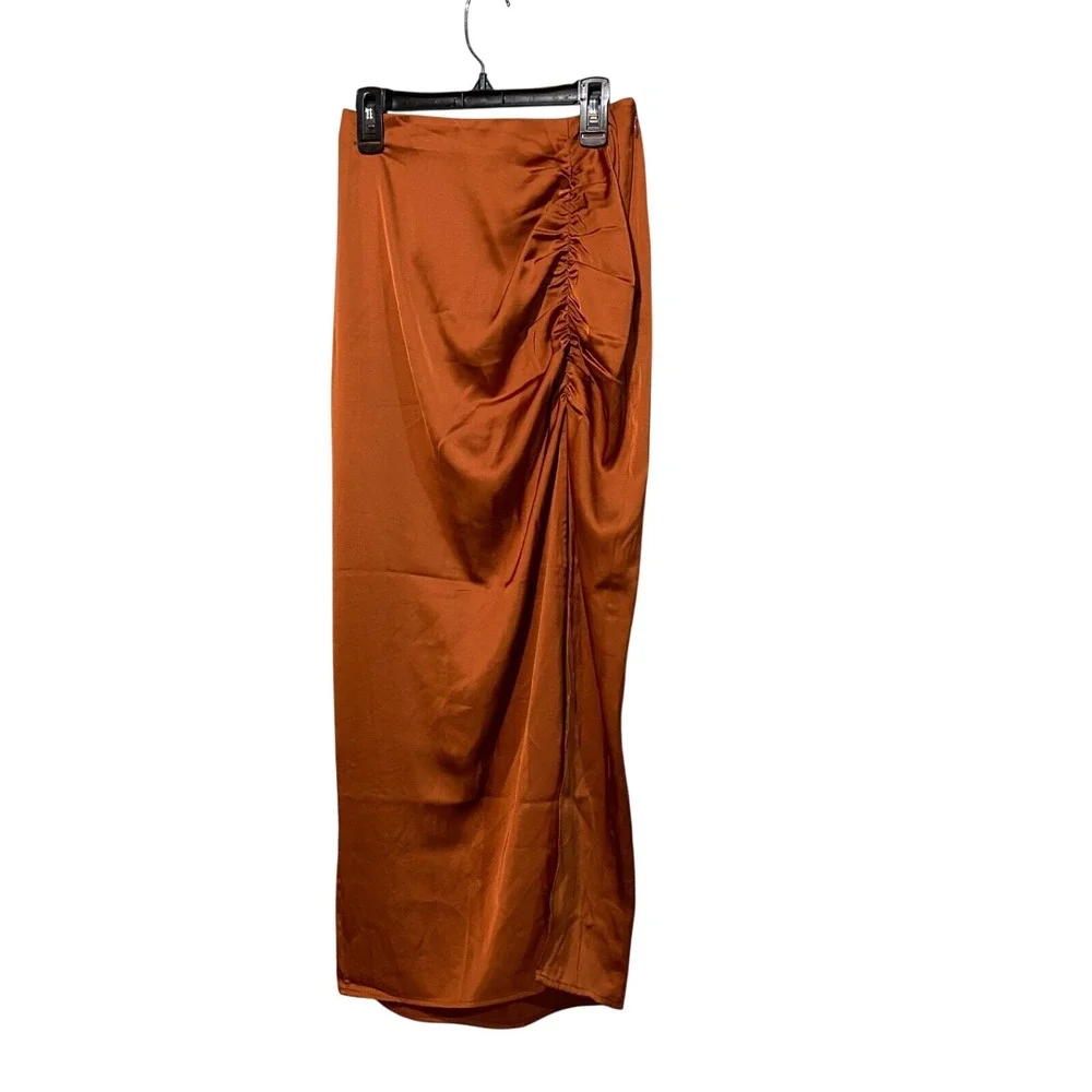 Abercrombie & Fitch Satin Maxi Skirt XSMALL Copper Front Slit Ruched Date NIght‎