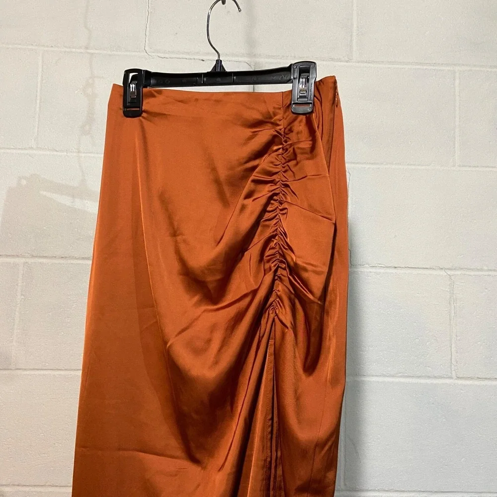 Abercrombie & Fitch Satin Maxi Skirt XSMALL Copper Front Slit Ruched Date NIght‎