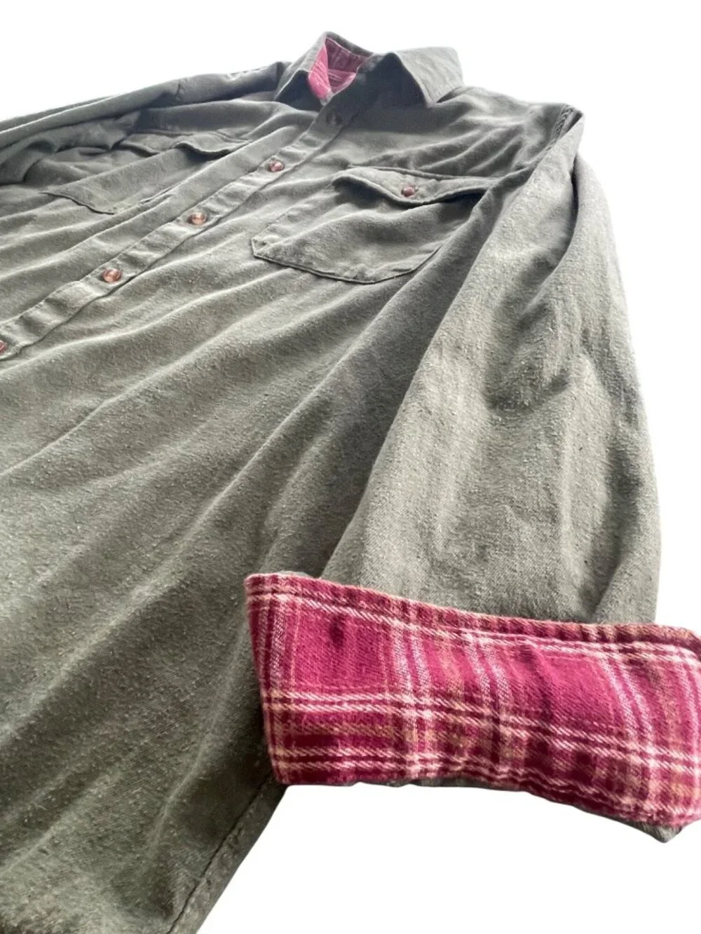 Vintage Green Flannel Made in Italy XXL Button-Up Shirt With Pink Plaid Lining &