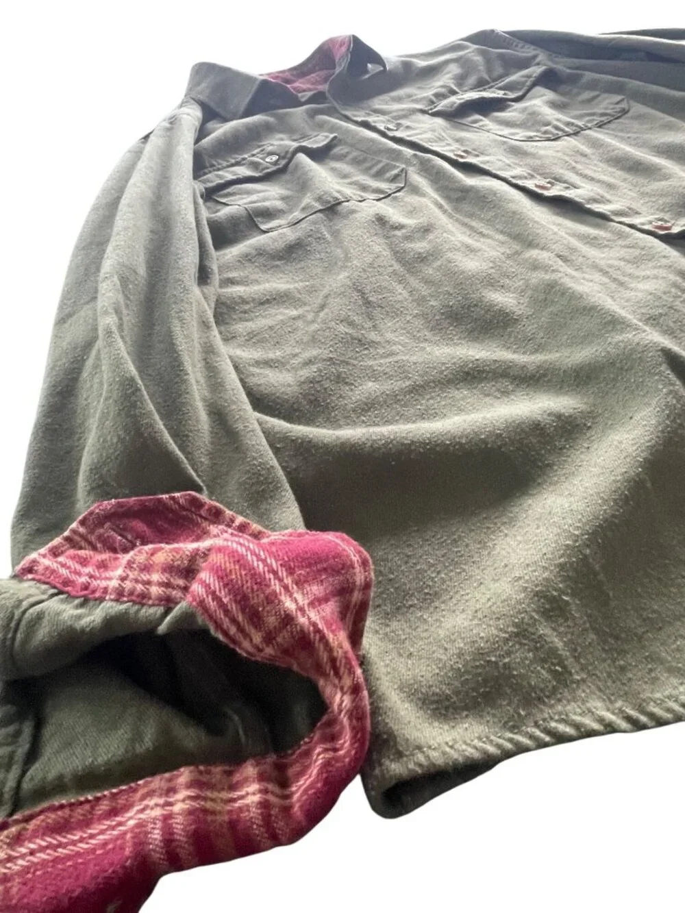 Vintage Green Flannel Made in Italy XXL Button-Up Shirt With Pink Plaid Lining &