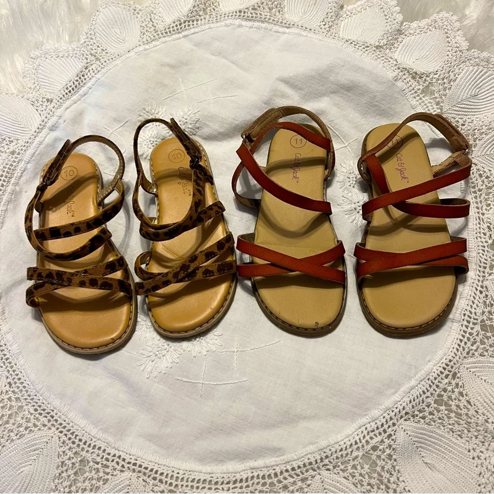 Cat & Jack Strappy Sandals kids Size 10 & 11 Animal print and brown