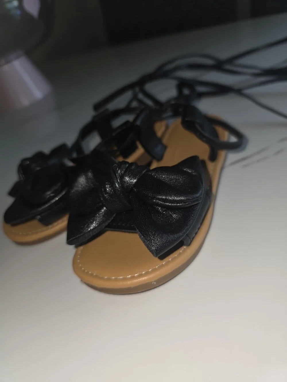 SHEIN Black Bow Tie Lace-Up Kids Sandals