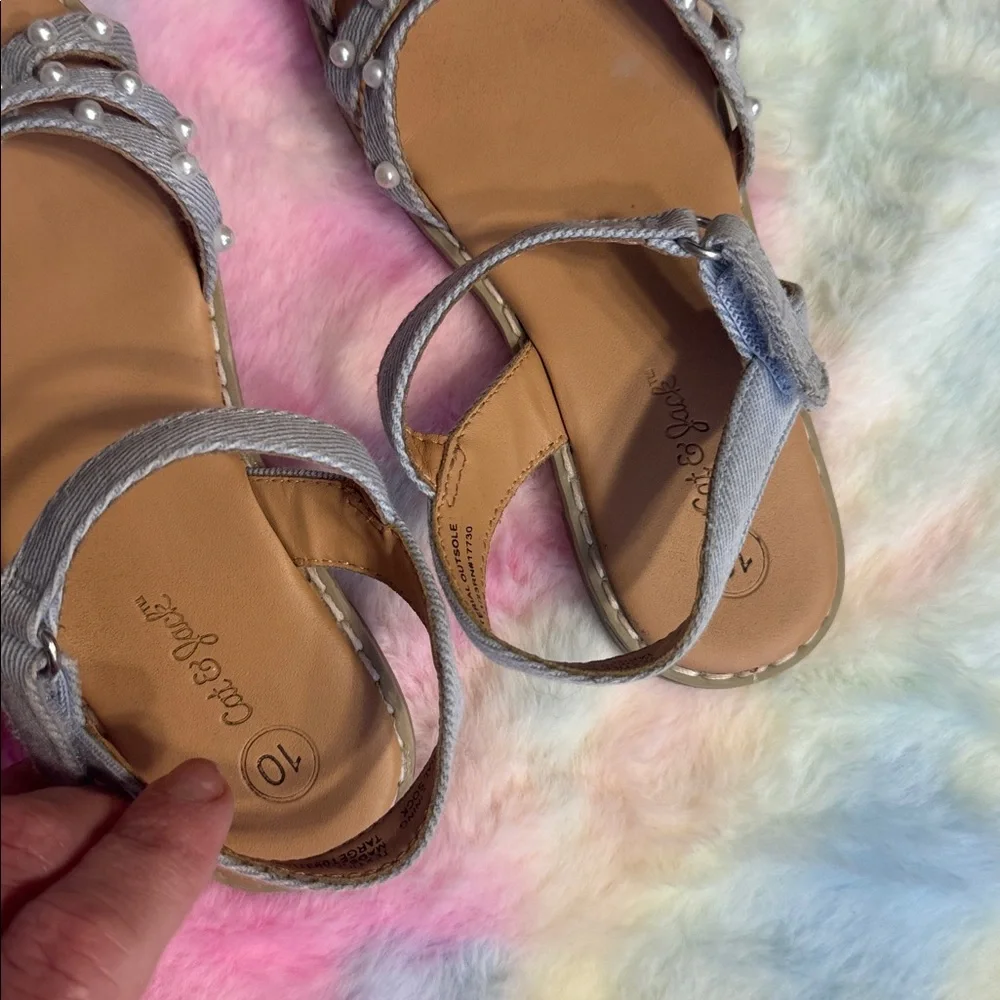 2/$10 Girls blue Jean sandals sz 10 with Pearl Accents