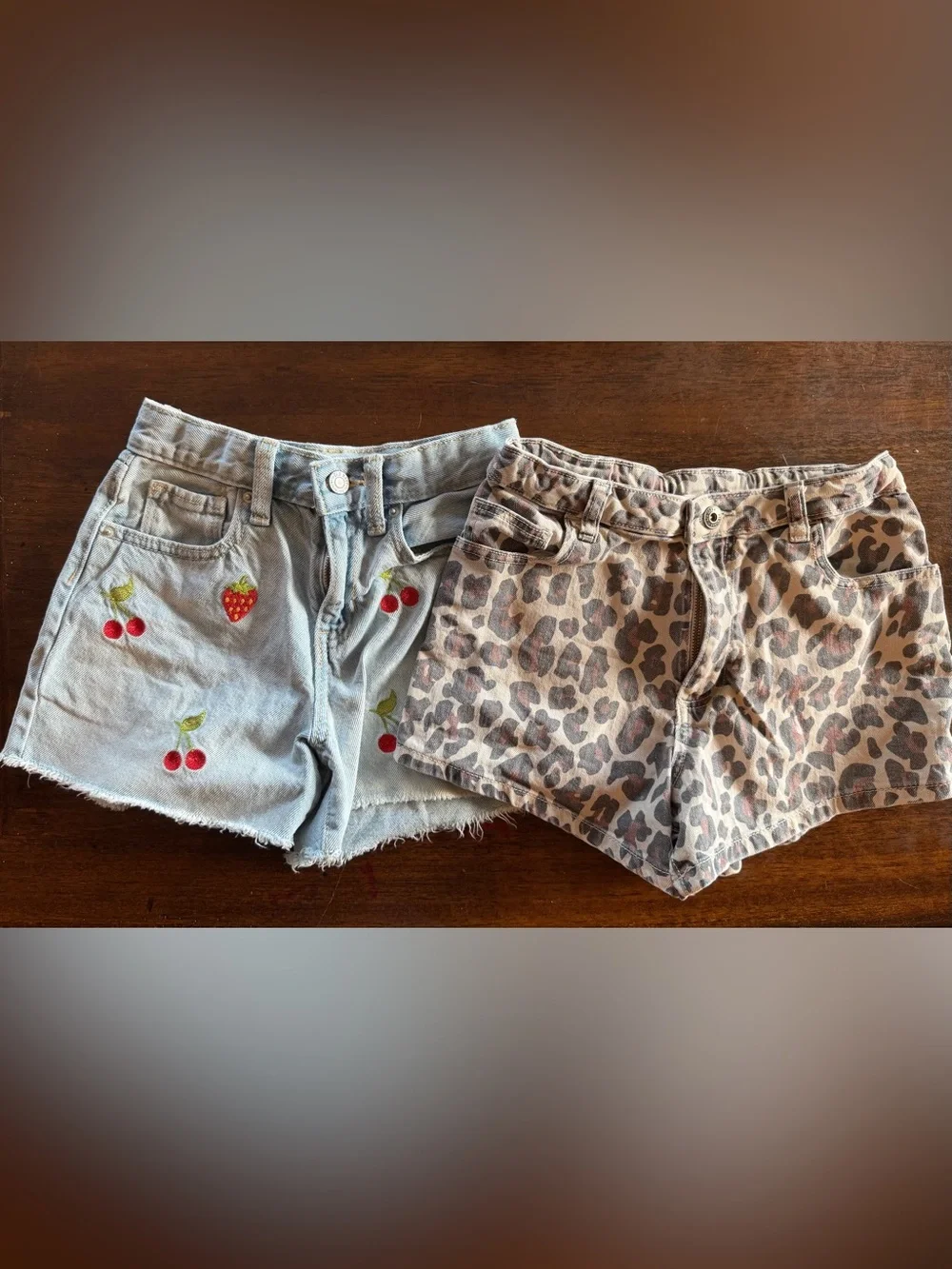 Girls Denim Cherry Embroidered Shorts and Leopard Print Shorts Set