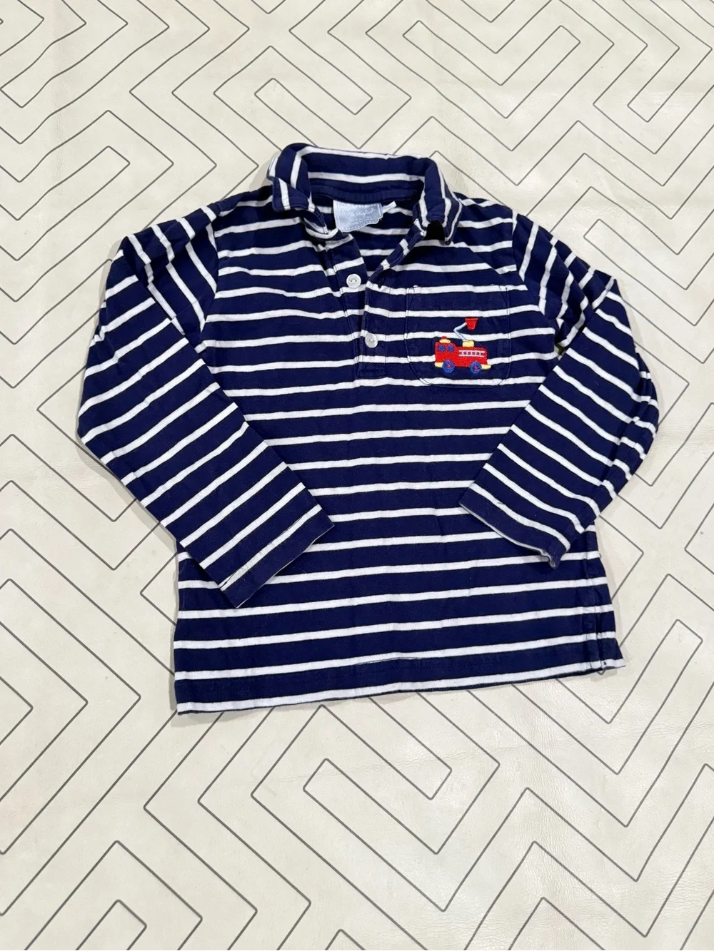 Little English Strriped Longsleeve Polo with Fire Truck