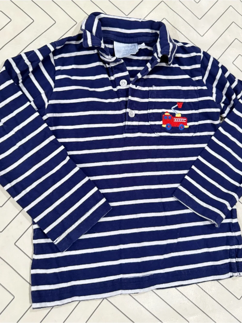 Little English Strriped Longsleeve Polo with Fire Truck