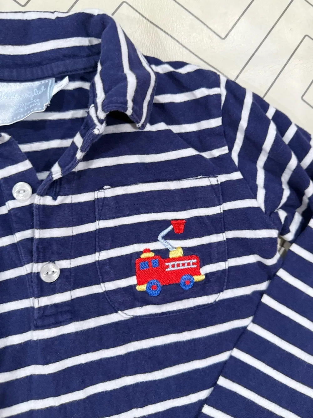Little English Strriped Longsleeve Polo with Fire Truck