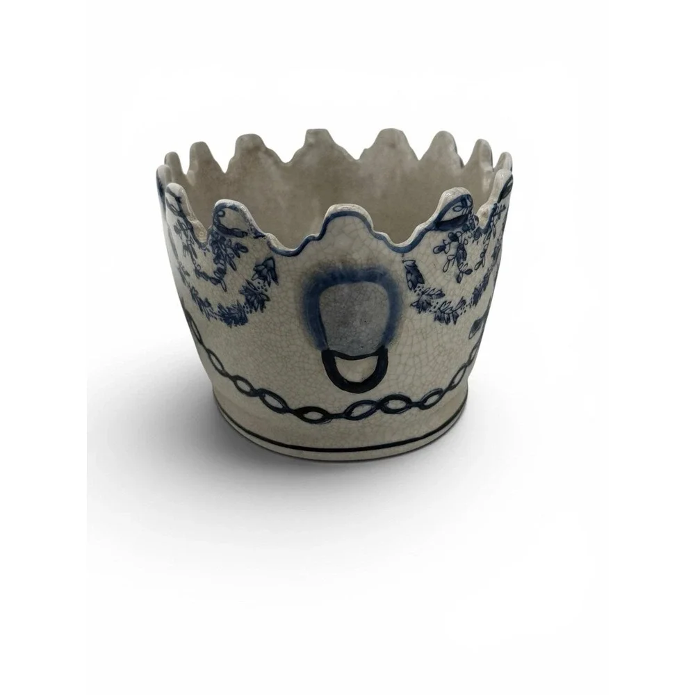 Antique Blue White Ceramic Jardiniere Ikebana Vase Flower Frog Scalloped Rim