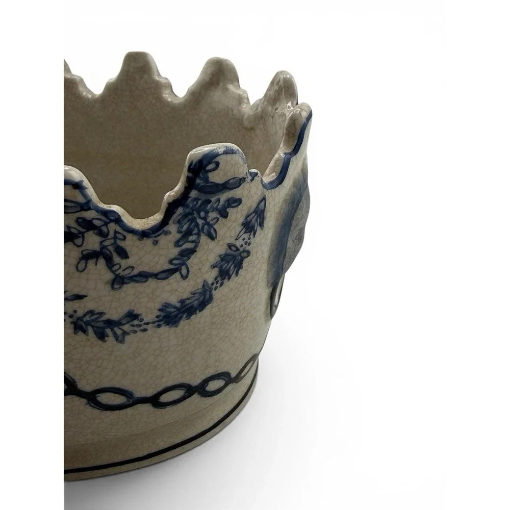 Antique Blue White Ceramic Jardiniere Ikebana Vase Flower Frog Scalloped Rim