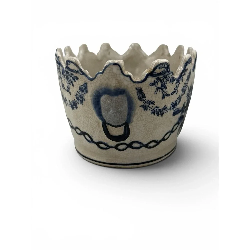 Antique Blue White Ceramic Jardiniere Ikebana Vase Flower Frog Scalloped Rim