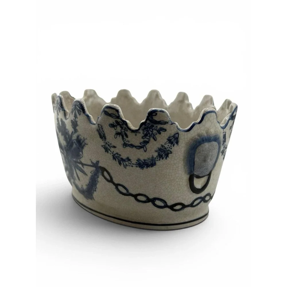 Antique Blue White Ceramic Jardiniere Ikebana Vase Flower Frog Scalloped Rim