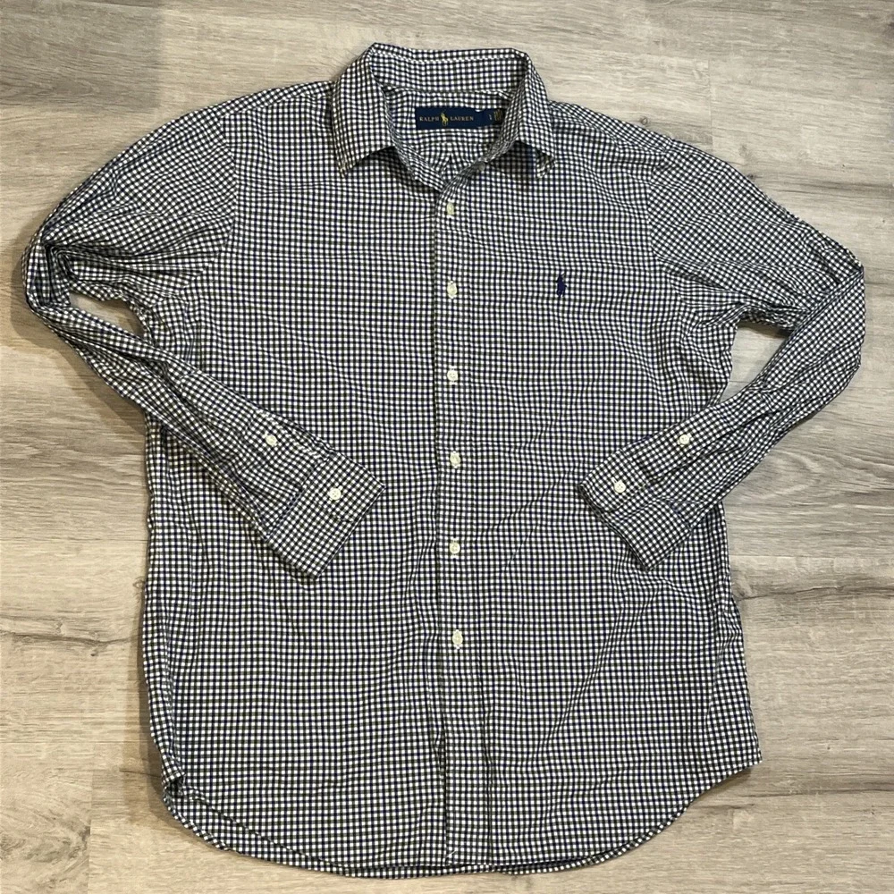 Polo Ralph Lauren Mens‎ Blue Gingham Checked Cotton Shirt Regular Fit Large EUC