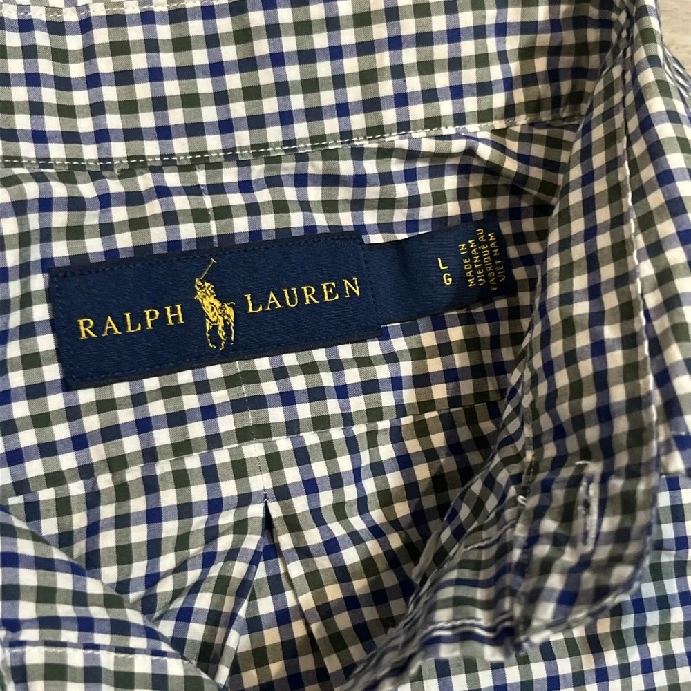 Polo Ralph Lauren Mens‎ Blue Gingham Checked Cotton Shirt Regular Fit Large EUC